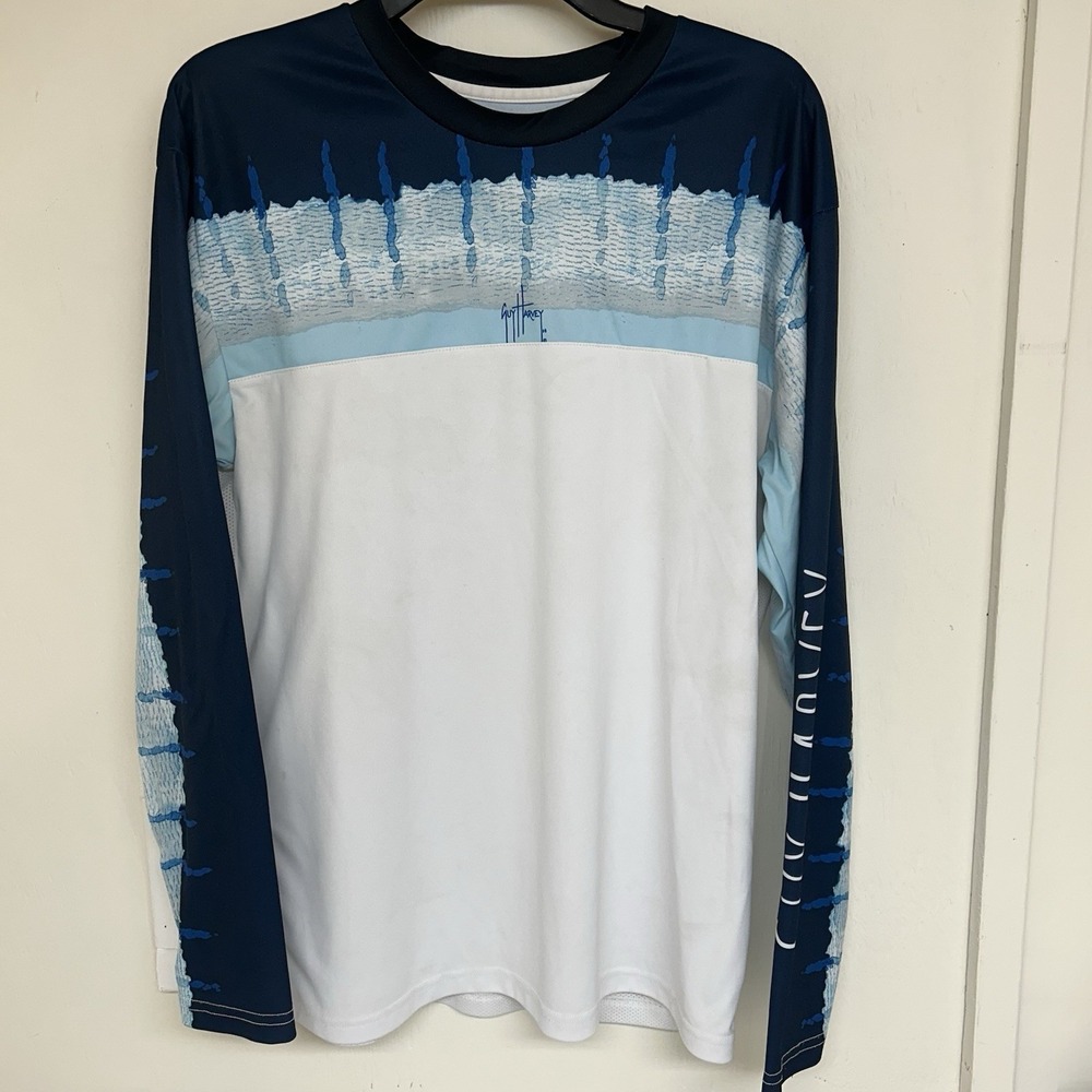 Guy Harvey Performance Long Sleeve Shirt Mens Medium Marlin Saltwater Blue White